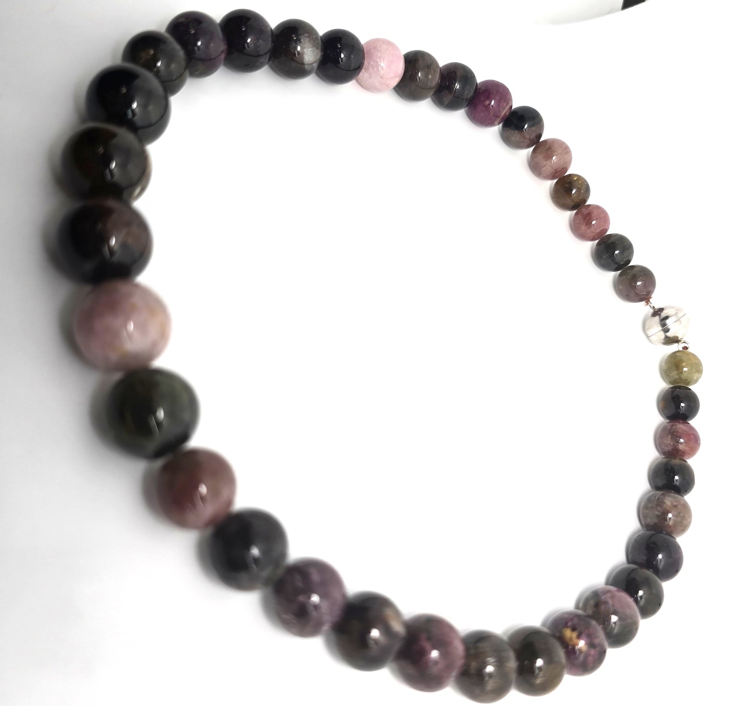 Rainbow Tourmaline graduated beaded gemstone sterling silver necklace magnetic