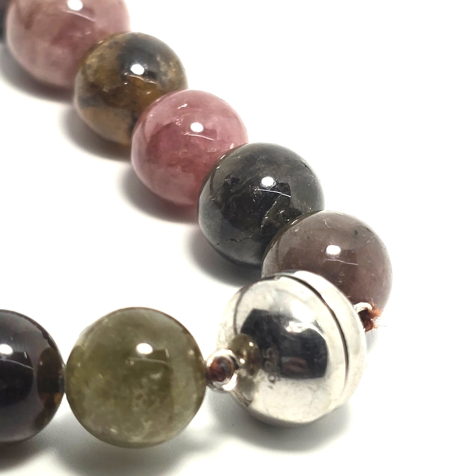 Rainbow Tourmaline graduated beaded gemstone sterling silver necklace magnetic