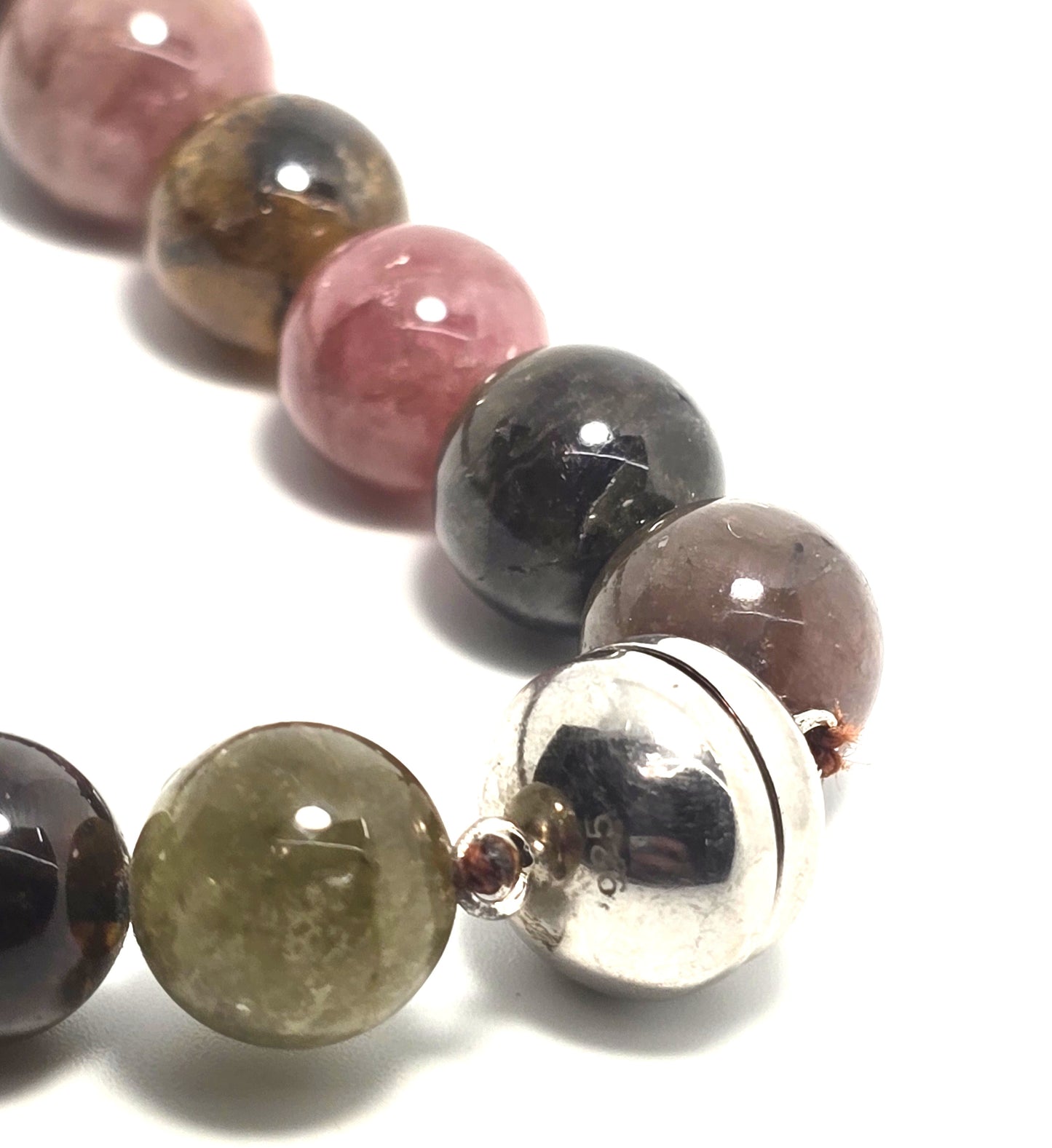 Rainbow Tourmaline graduated beaded gemstone sterling silver necklace magnetic