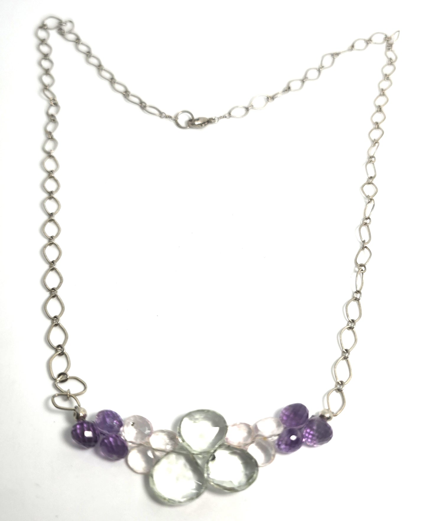 Rainbow Tourmaline Briolette beaded gemstone sterling silver stationary necklace