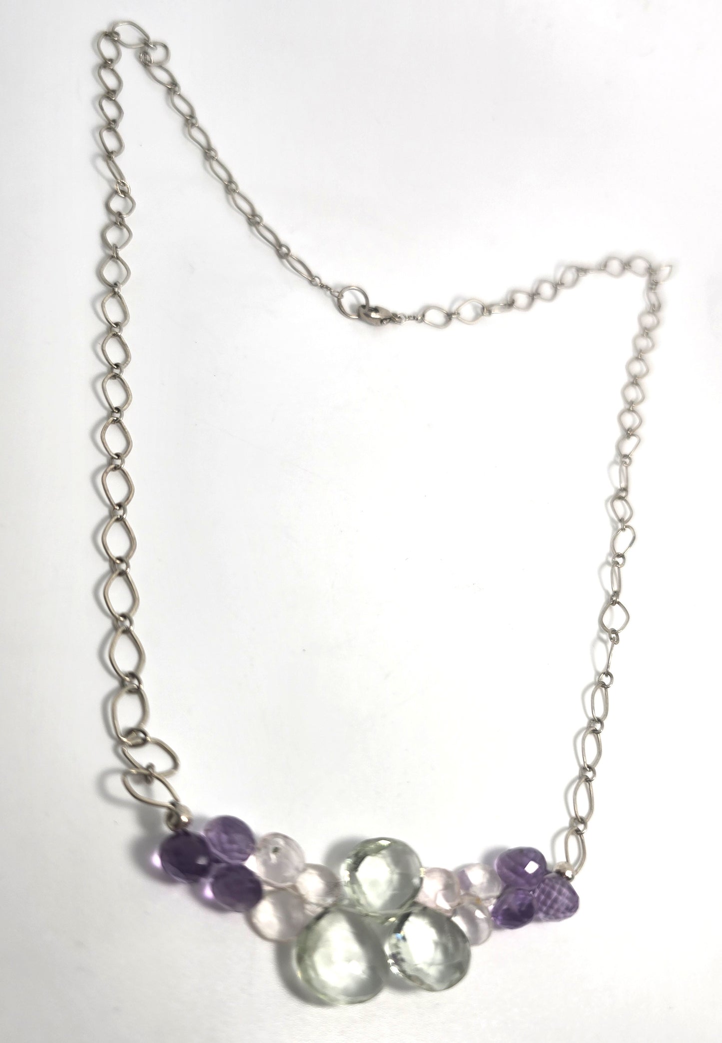 Rainbow Tourmaline Briolette beaded gemstone sterling silver stationary necklace