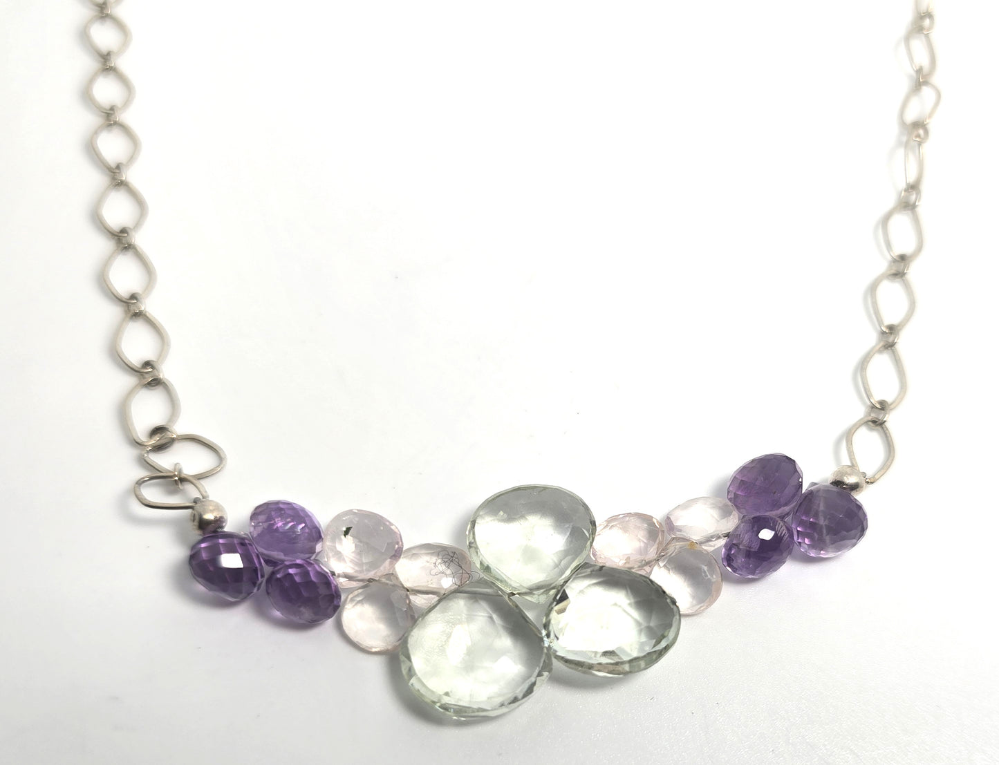 Rainbow Tourmaline Briolette beaded gemstone sterling silver stationary necklace