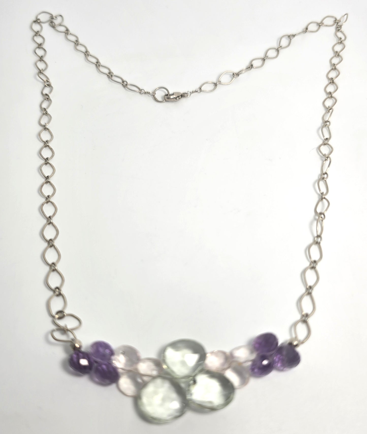 Rainbow Tourmaline Briolette beaded gemstone sterling silver stationary necklace