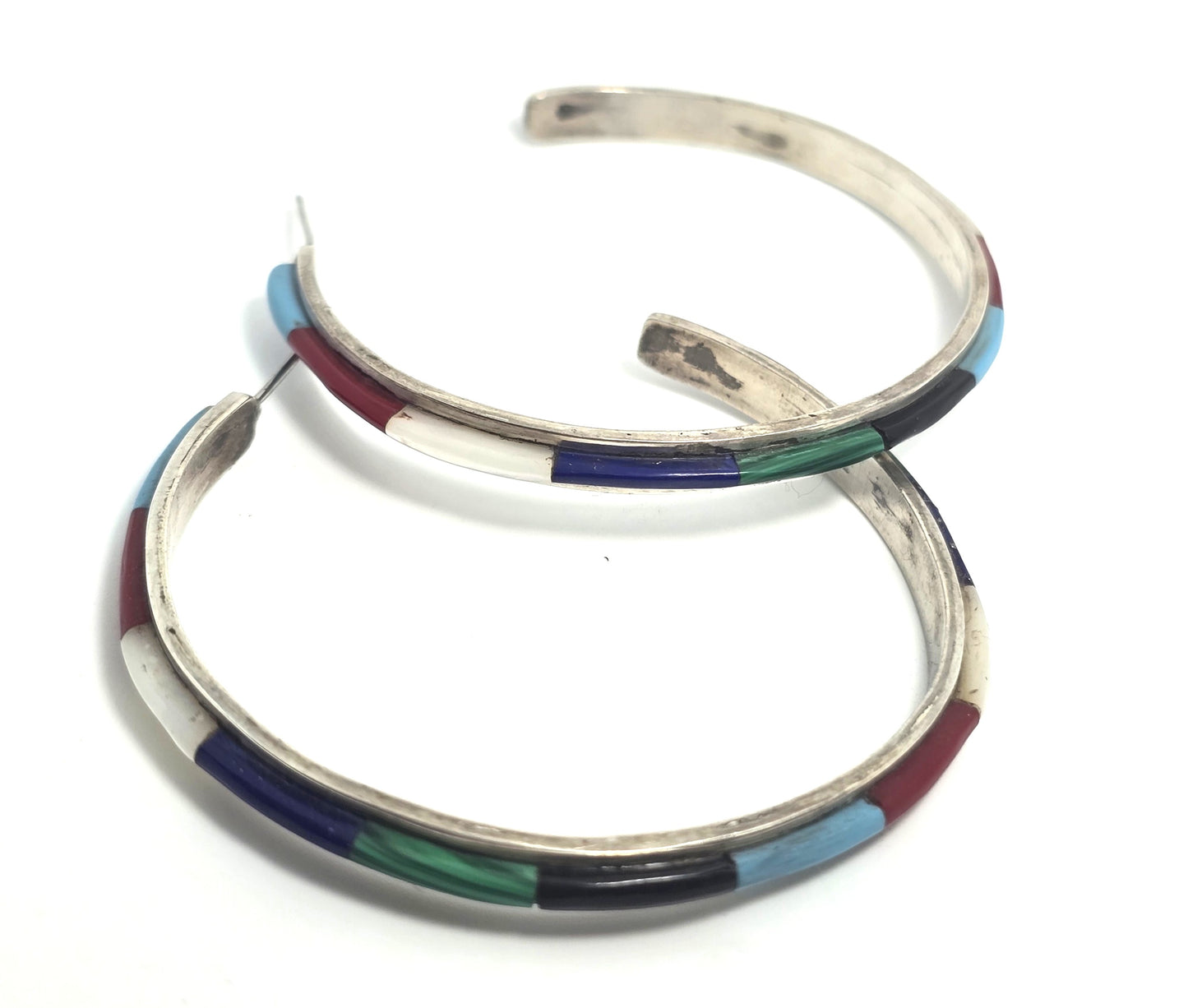 Jared Chavez Multi Gemstone Native American 2" vintage sterling silver post hoop earrings