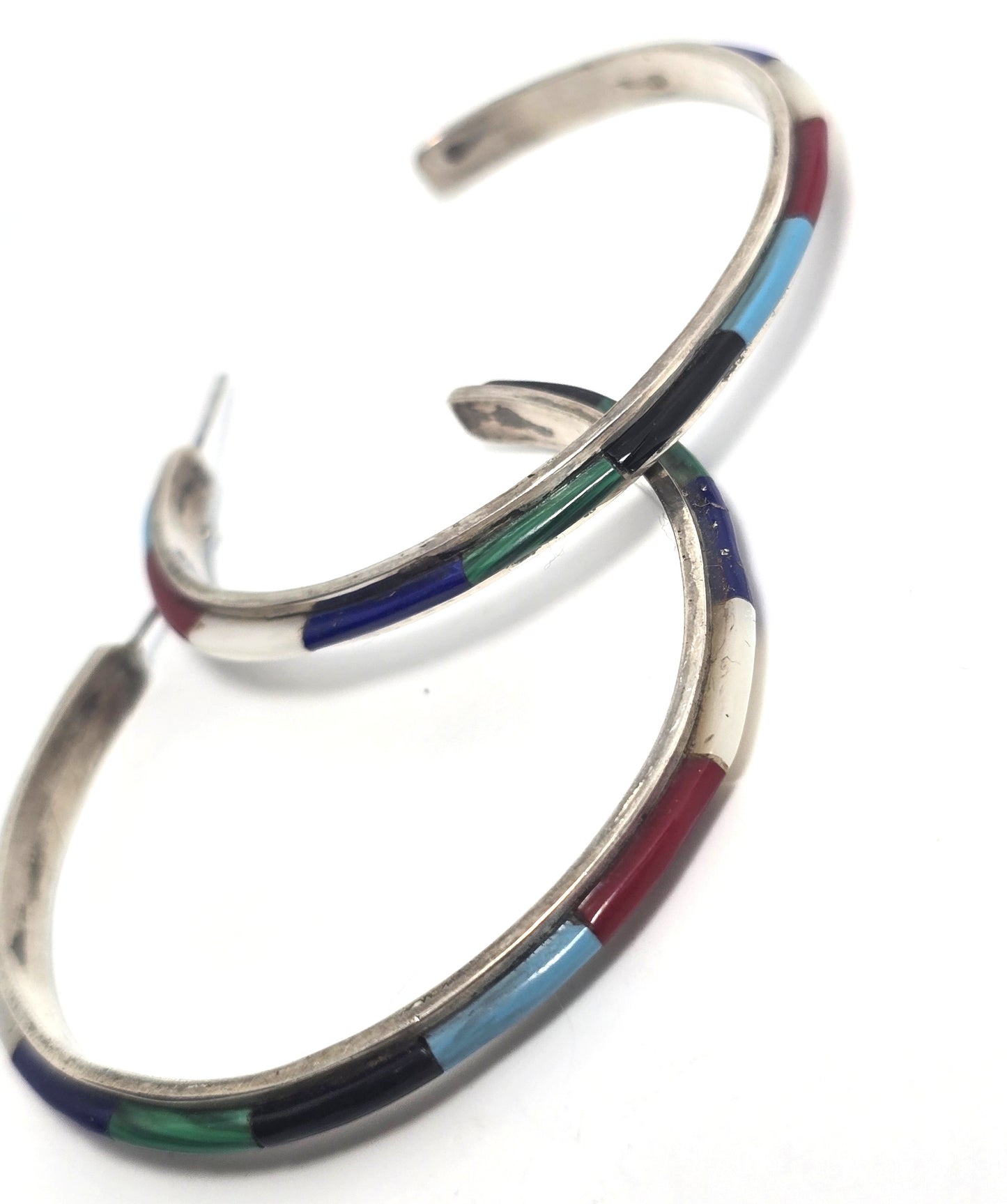 Jared Chavez Multi Gemstone Native American 2" vintage sterling silver post hoop earrings
