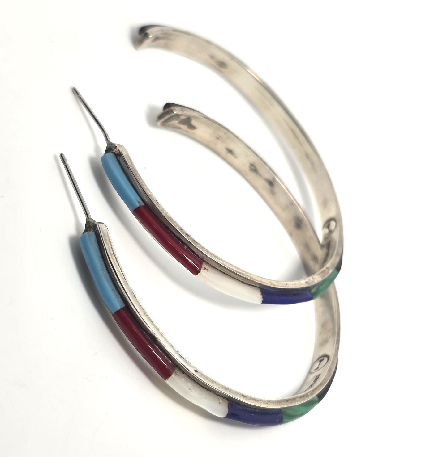 Jared Chavez Multi Gemstone Native American 2" vintage sterling silver post hoop earrings