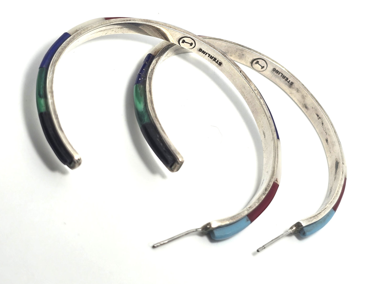 Jared Chavez Multi Gemstone Native American 2" vintage sterling silver post hoop earrings