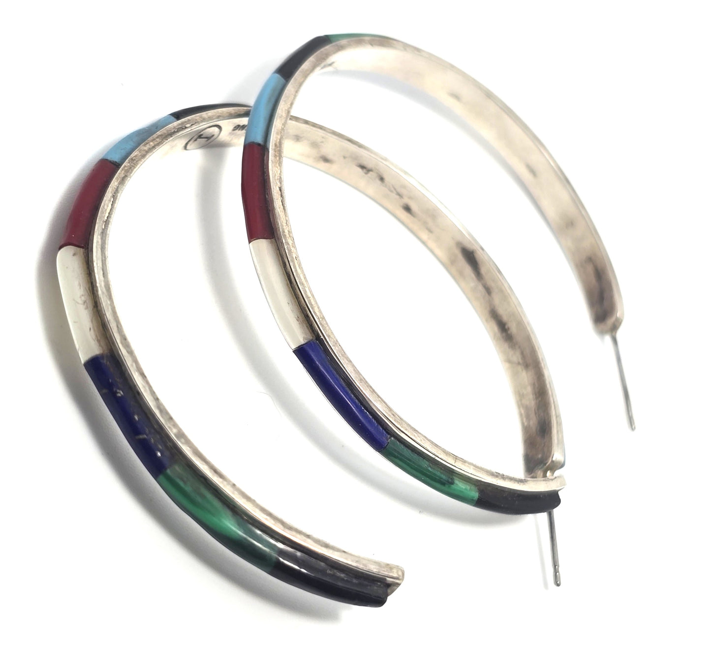 Jared Chavez Multi Gemstone Native American 2" vintage sterling silver post hoop earrings