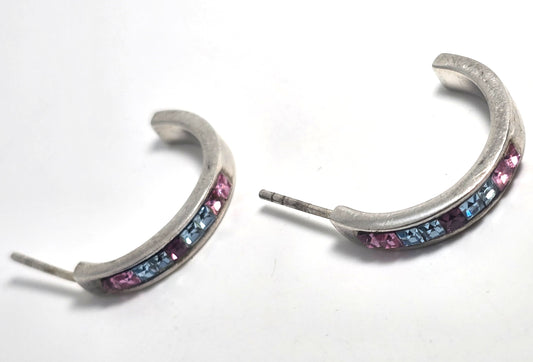 Multi Gemstone rainbow channel set cubic zirconia sterling silver post hoop earrings