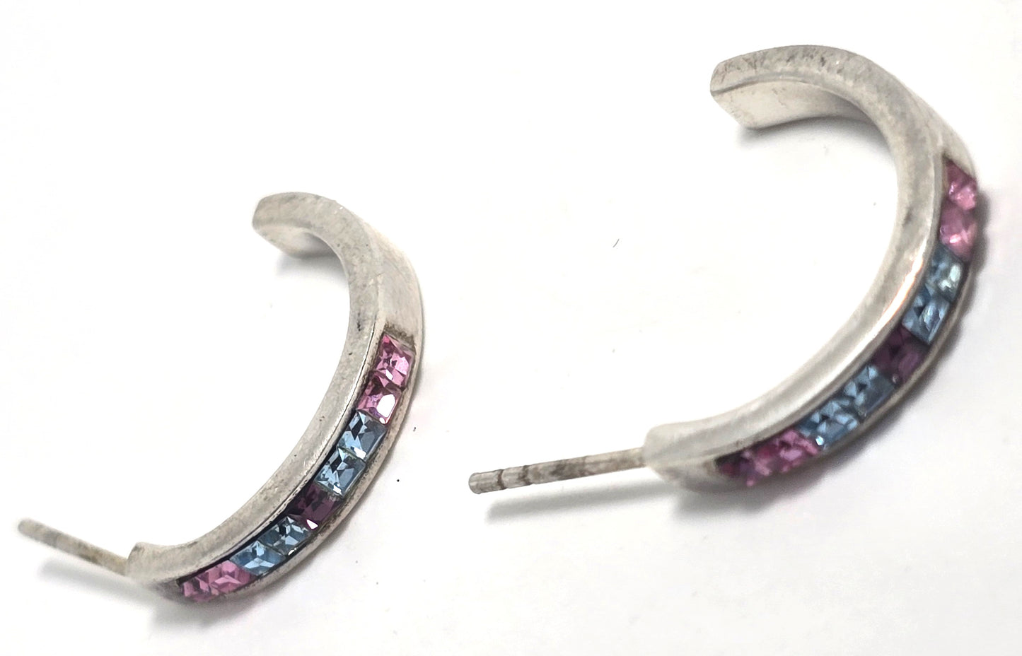 Multi Gemstone rainbow channel set cubic zirconia sterling silver post hoop earrings