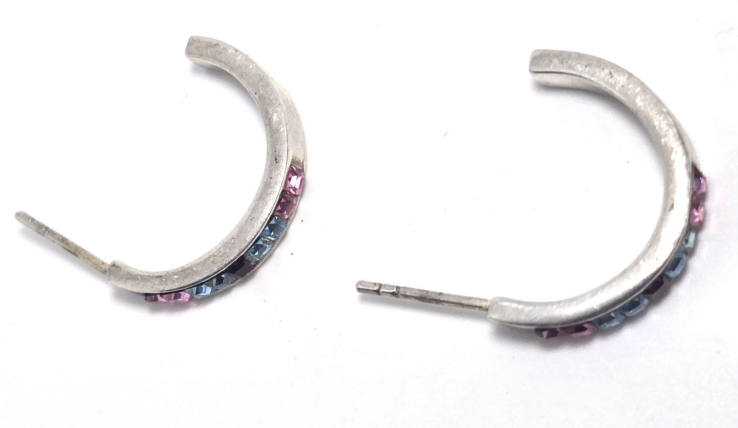 Multi Gemstone rainbow channel set cubic zirconia sterling silver post hoop earrings
