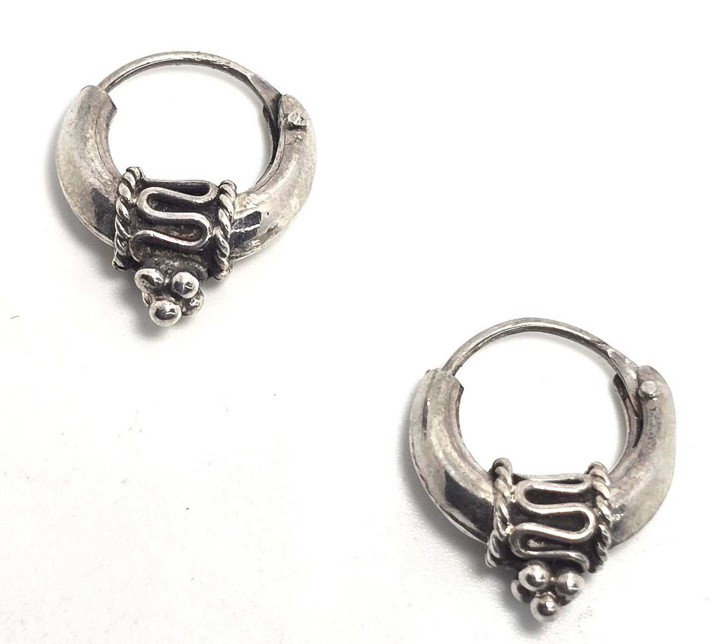 Retro Tribal Bali puffy internal threaded sterling silver small hoop earrings