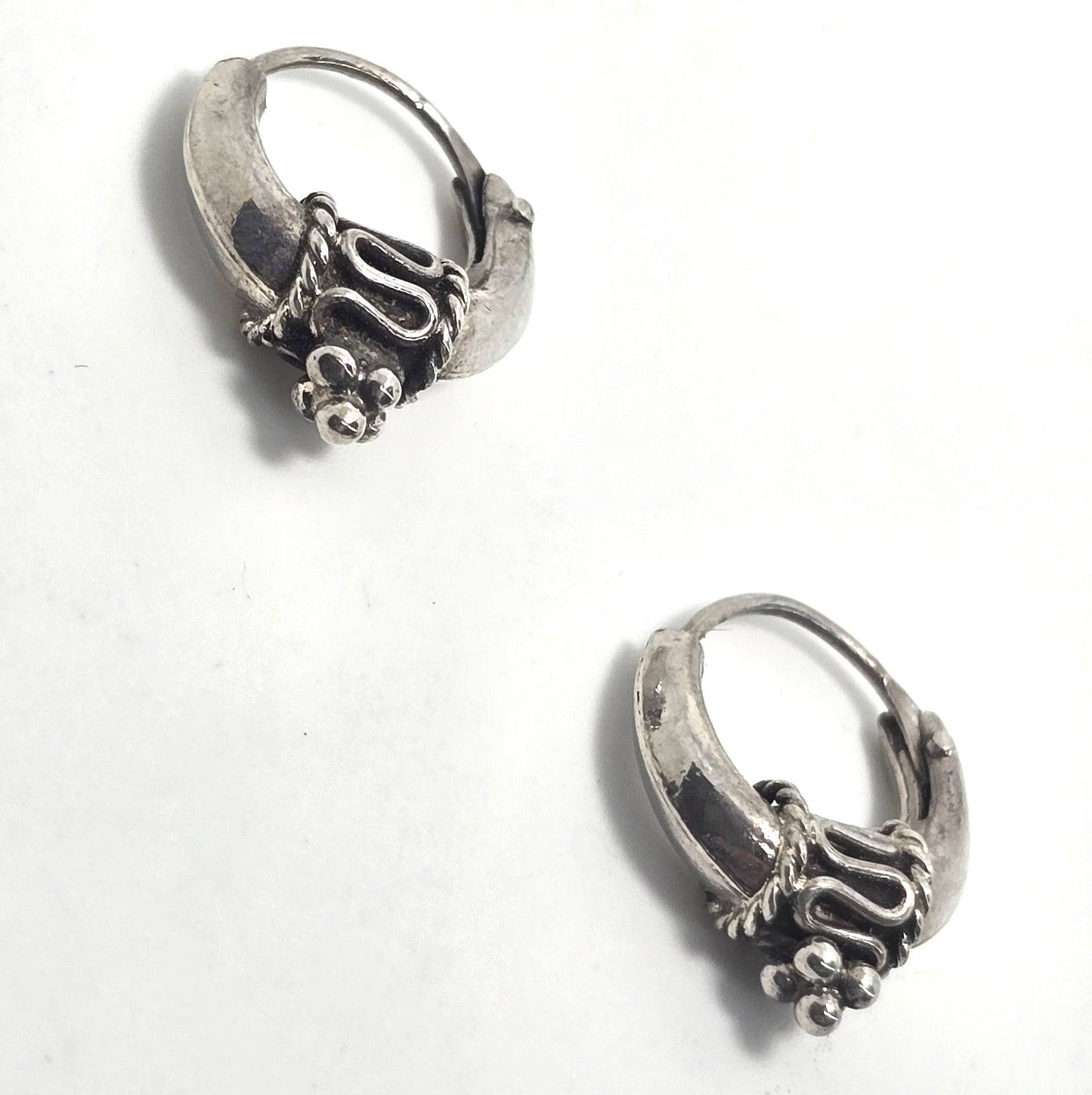 Retro Tribal Bali puffy internal threaded sterling silver small hoop earrings
