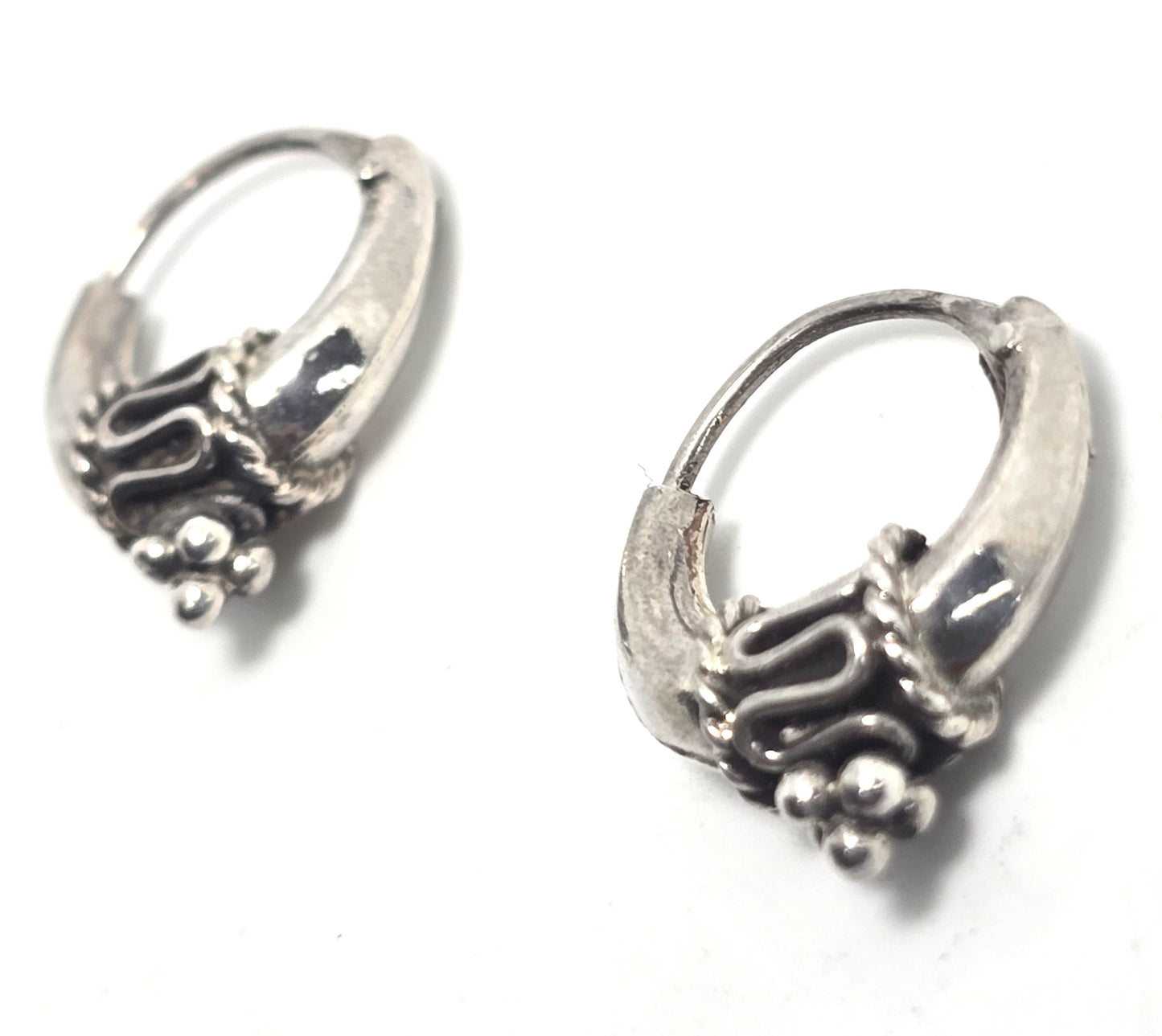 Retro Tribal Bali puffy internal threaded sterling silver small hoop earrings