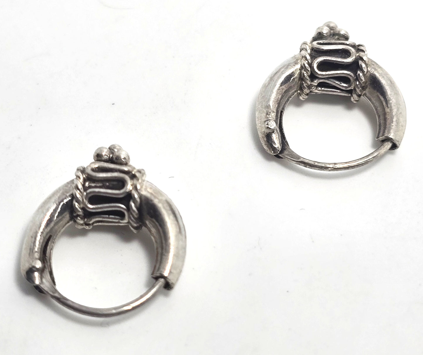 Retro Tribal Bali puffy internal threaded sterling silver small hoop earrings