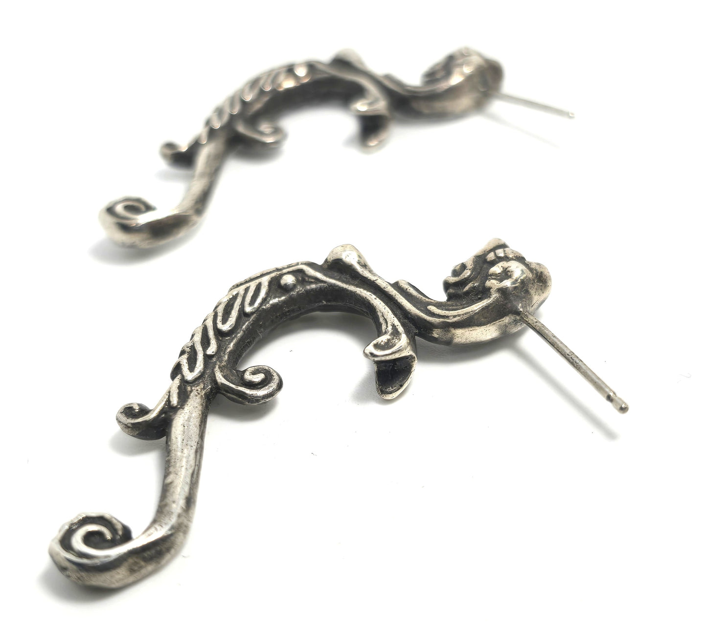 Gryphon dragon beast vintage half hoop detailed sterling silver post earrings