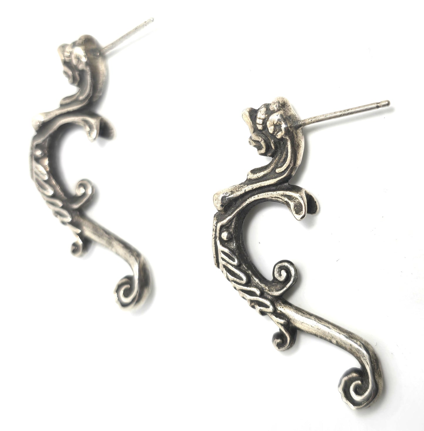 Gryphon dragon beast vintage half hoop detailed sterling silver post earrings