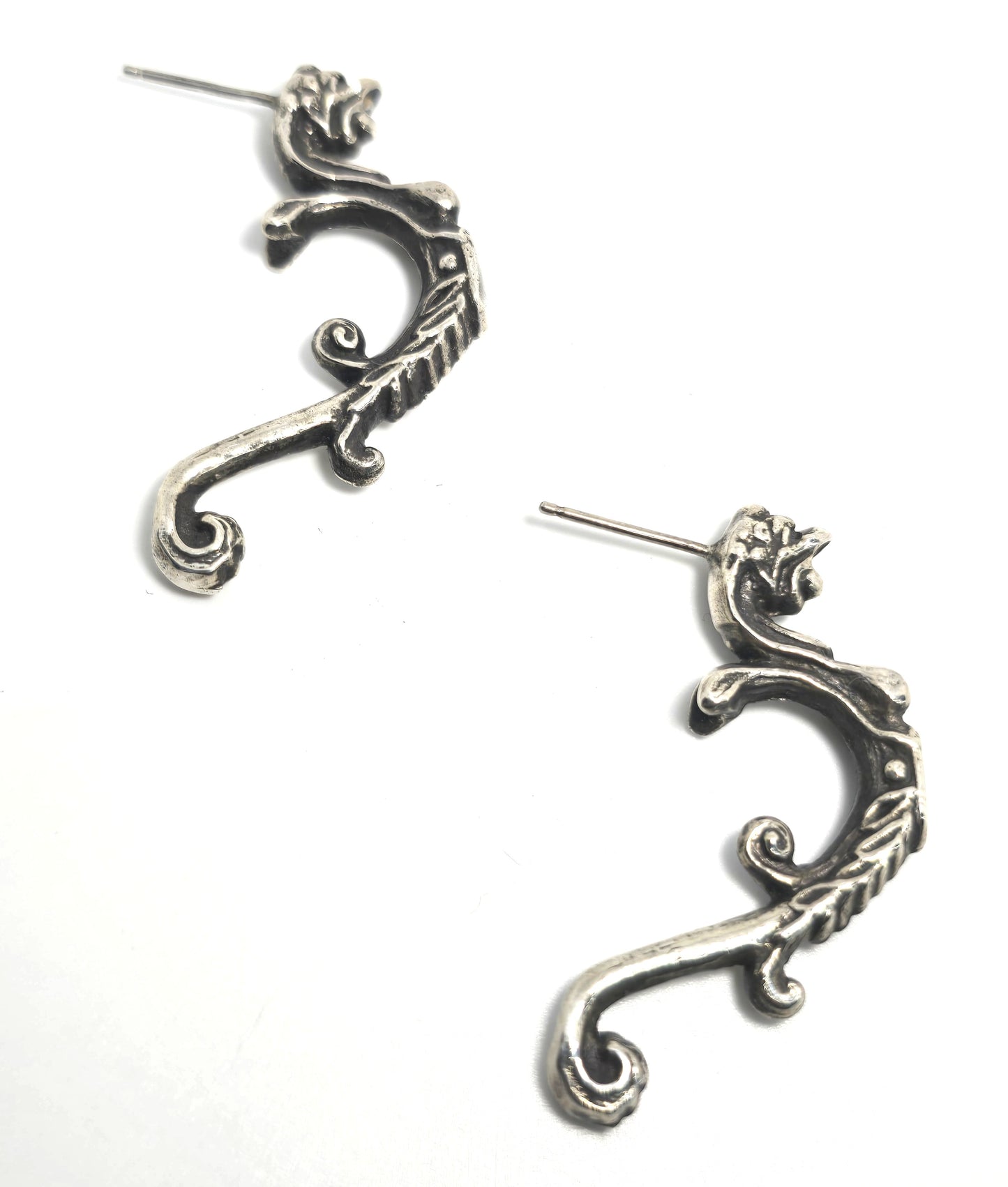Gryphon dragon beast vintage half hoop detailed sterling silver post earrings