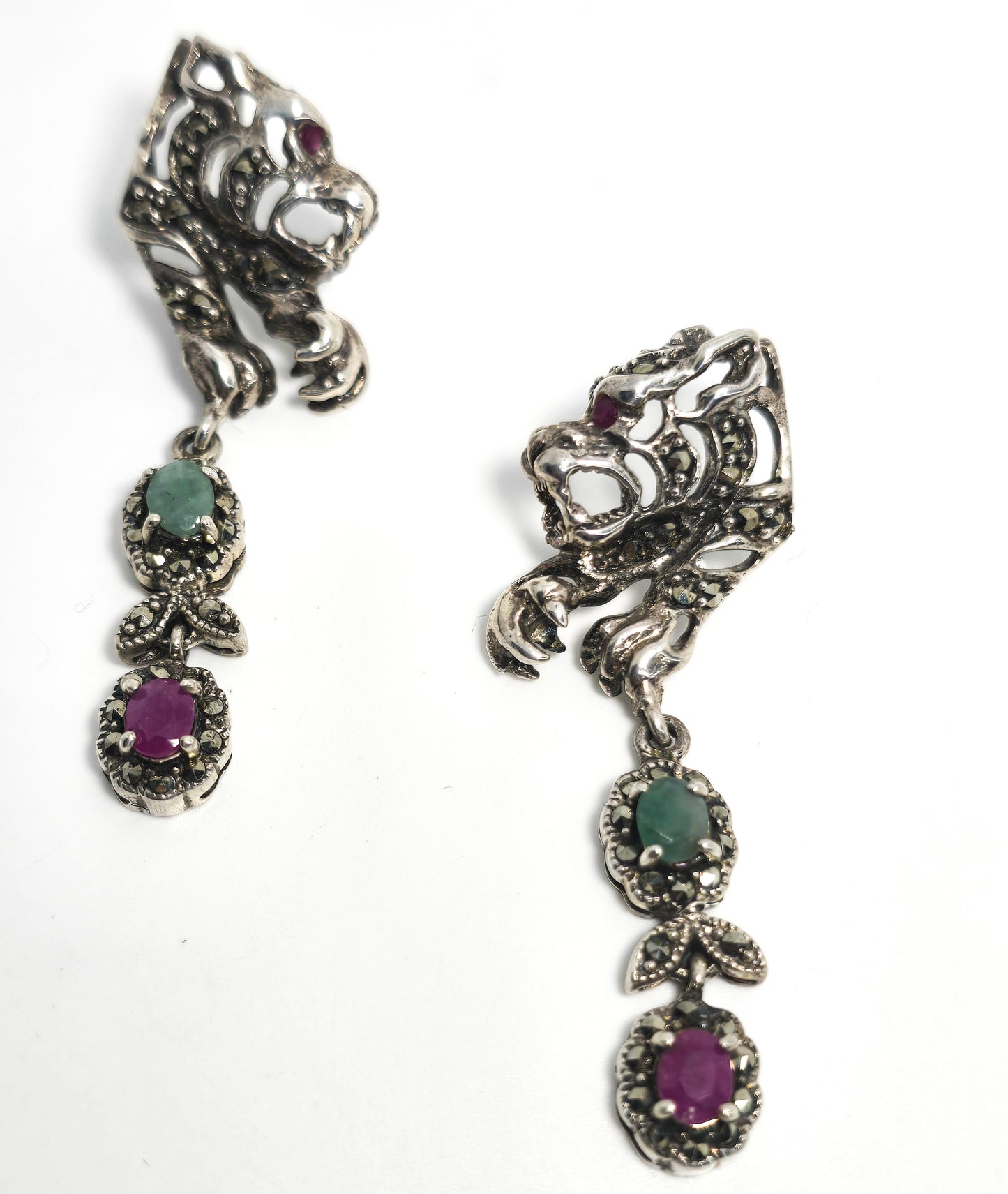 Tiger open work marcasite ruby and emerald vintage sterling silver drop earrings