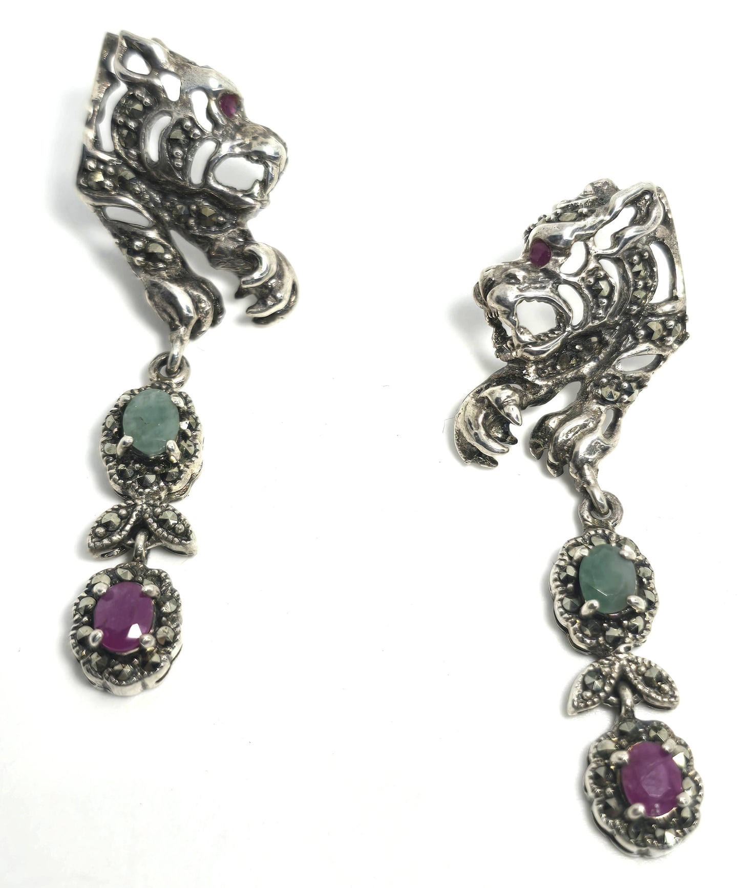 Tiger open work marcasite ruby and emerald vintage sterling silver drop earrings