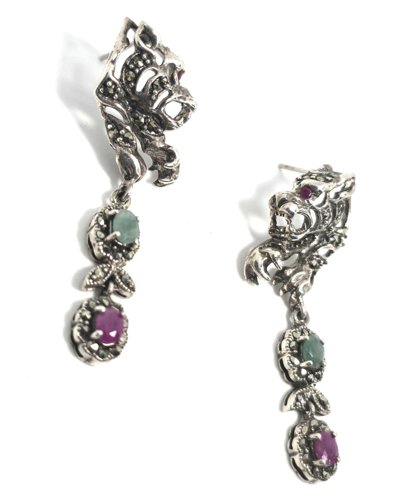 Tiger open work marcasite ruby and emerald vintage sterling silver drop earrings