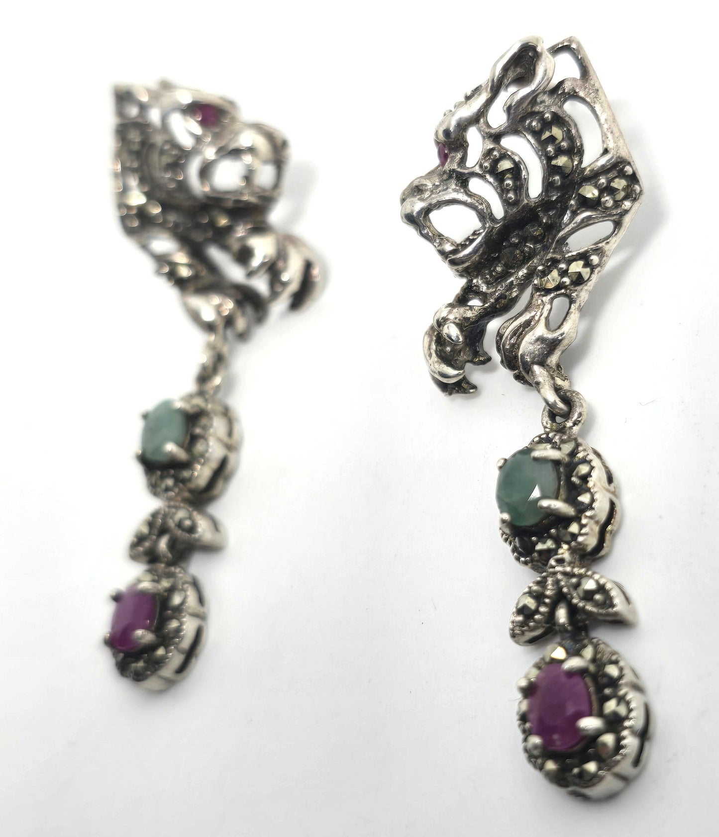 Tiger open work marcasite ruby and emerald vintage sterling silver drop earrings