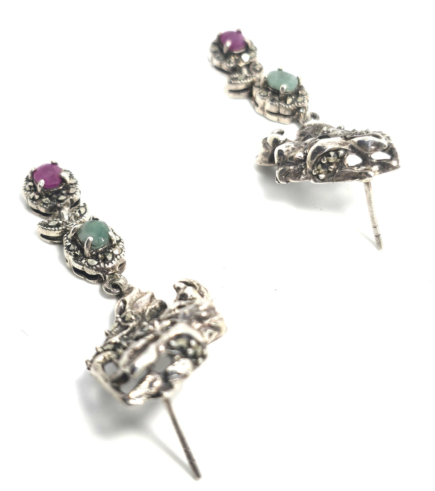 Tiger open work marcasite ruby and emerald vintage sterling silver drop earrings