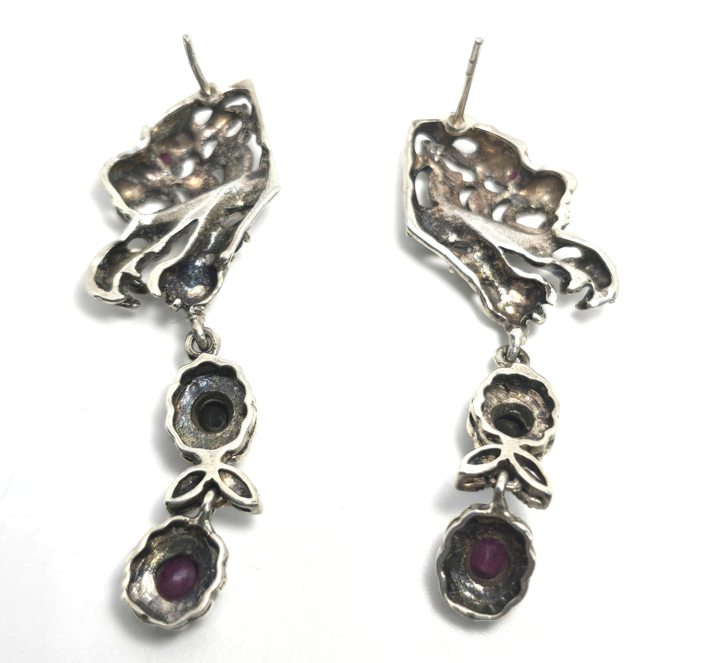 Tiger open work marcasite ruby and emerald vintage sterling silver drop earrings