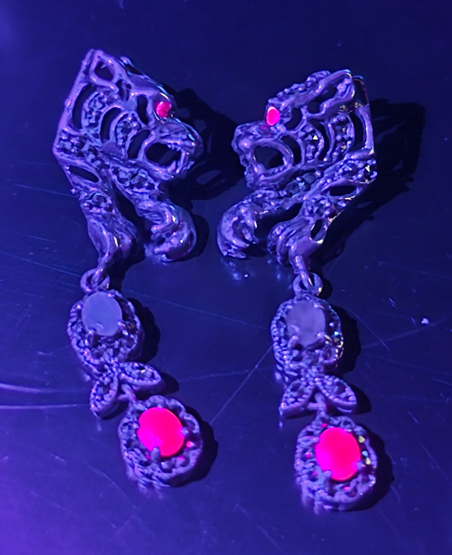 Tiger open work marcasite ruby and emerald vintage sterling silver drop earrings