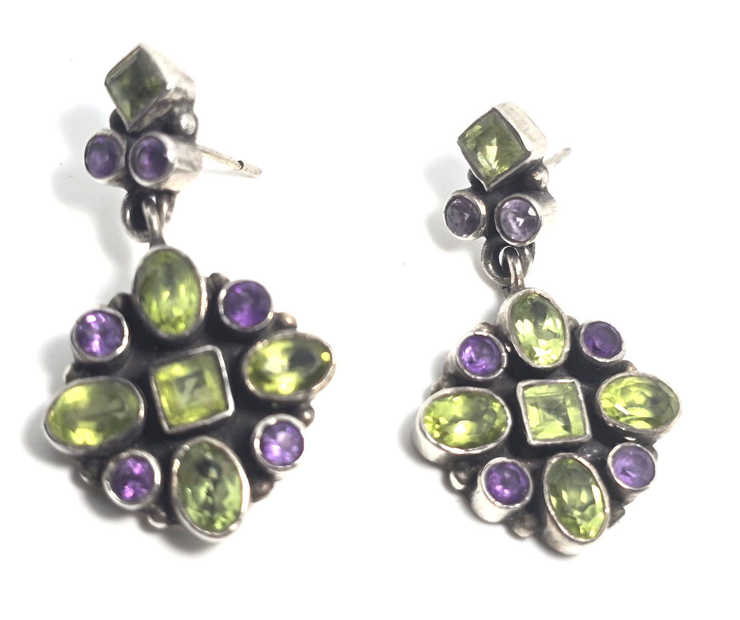 Amethyst Peridot purple green multi gemstone drop sterling silver earrings
