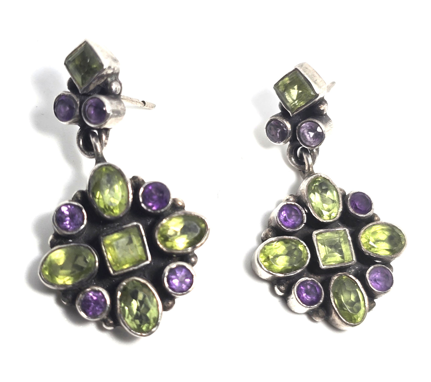 Amethyst Peridot purple green multi gemstone drop sterling silver earrings