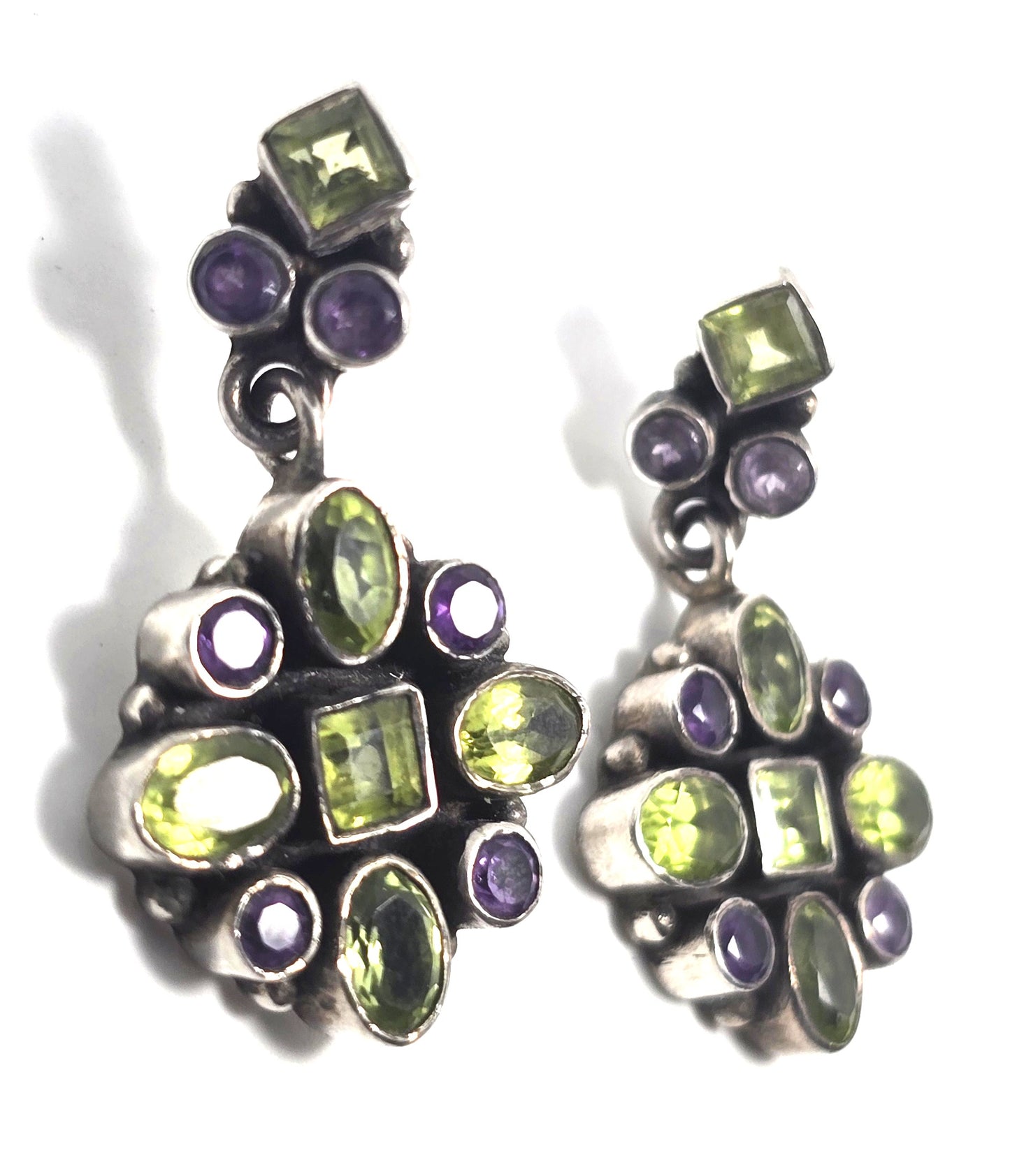 Amethyst Peridot purple green multi gemstone drop sterling silver earrings