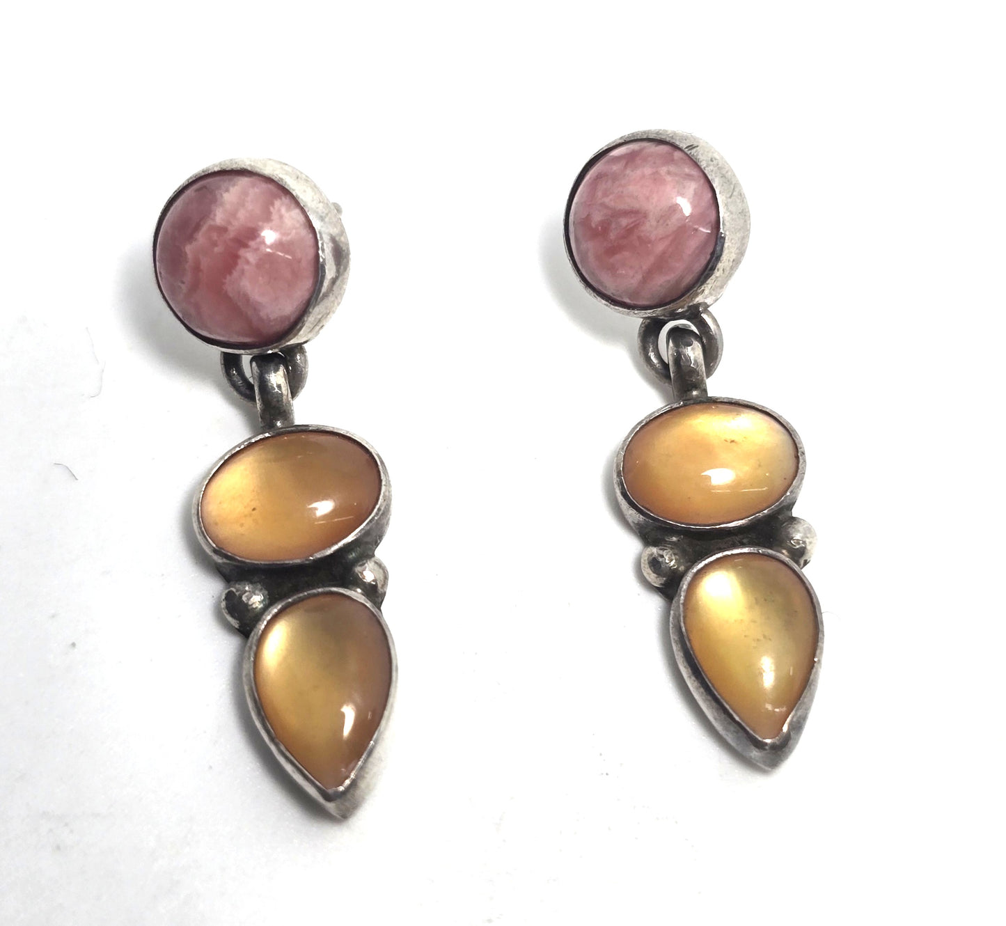 Rhodochrosite pink gemstone yellow inlay vintage drop sterling silver earrings