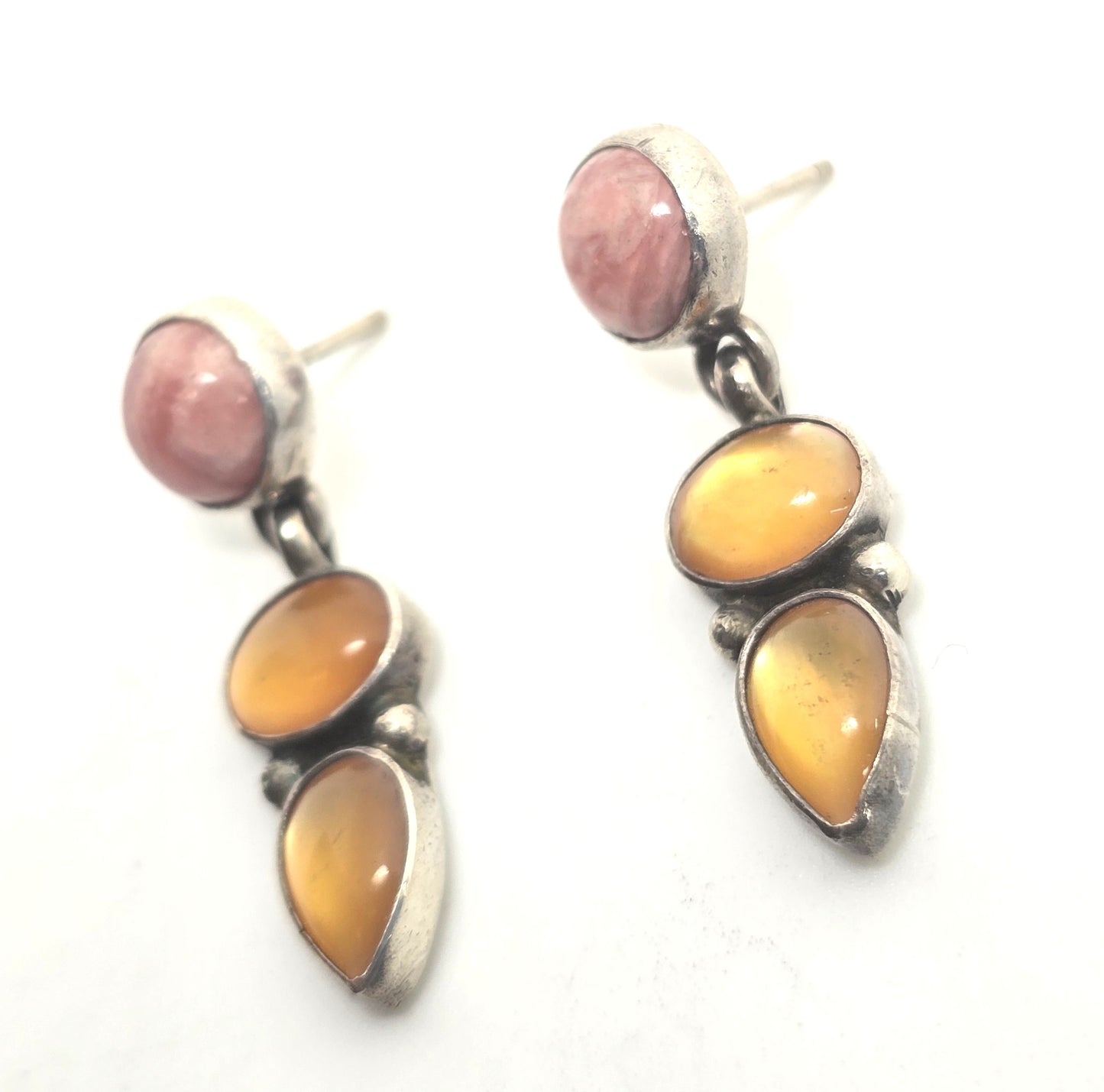 Rhodochrosite pink gemstone yellow inlay vintage drop sterling silver earrings