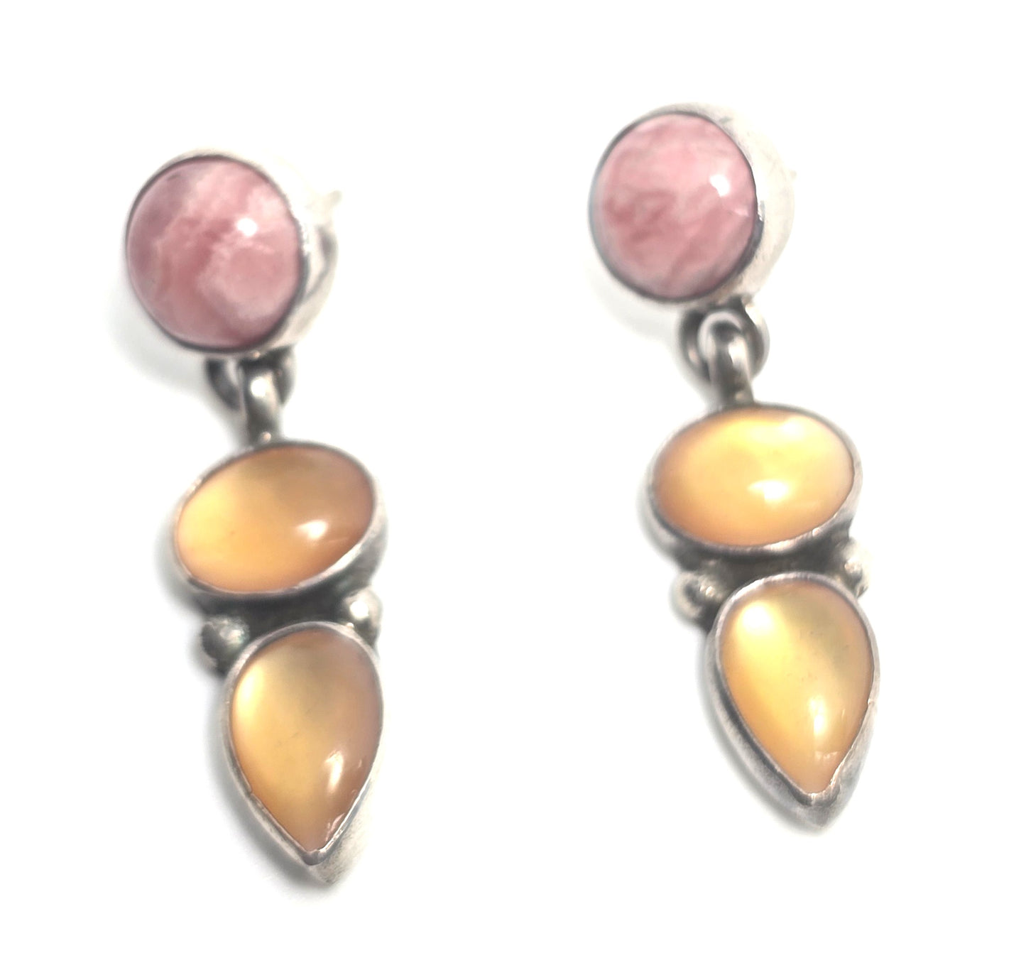 Rhodochrosite pink gemstone yellow inlay vintage drop sterling silver earrings