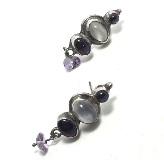 Multi gemstone garnet, amethyst silver moonstone vintage sterling silver earrings