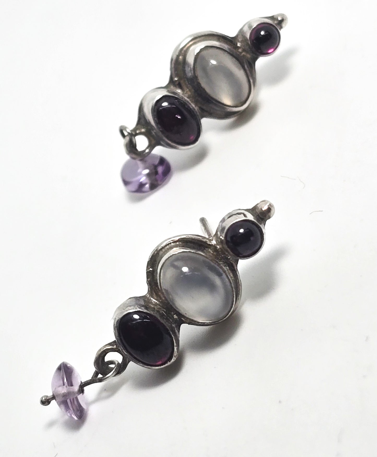 Multi gemstone garnet, amethyst silver moonstone vintage sterling silver earrings