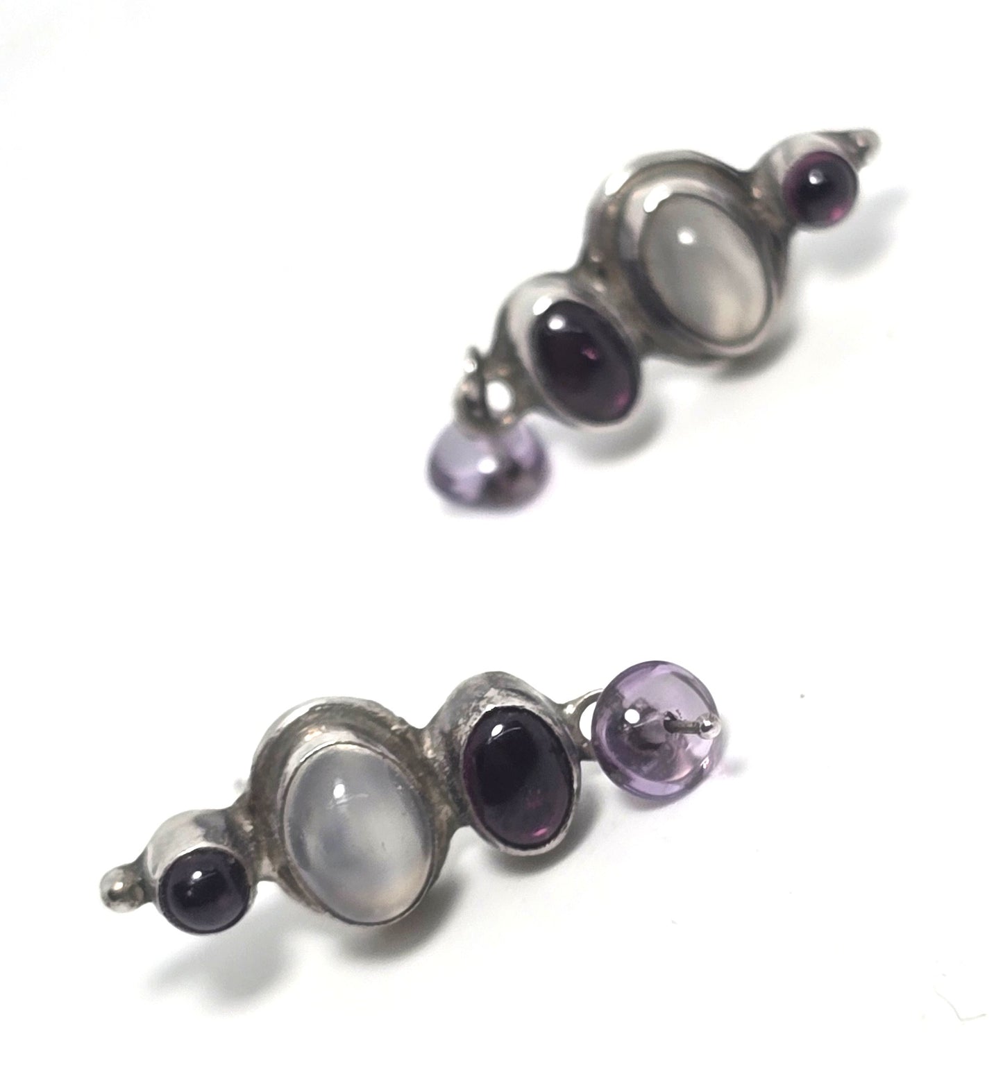 Multi gemstone garnet, amethyst silver moonstone vintage sterling silver earrings