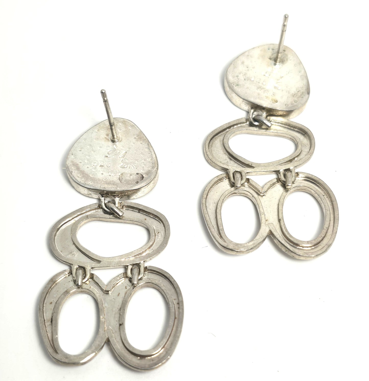 SR Lulu Hamersztein Israel Hammered Sterling Silver Roman Glass drop earrings