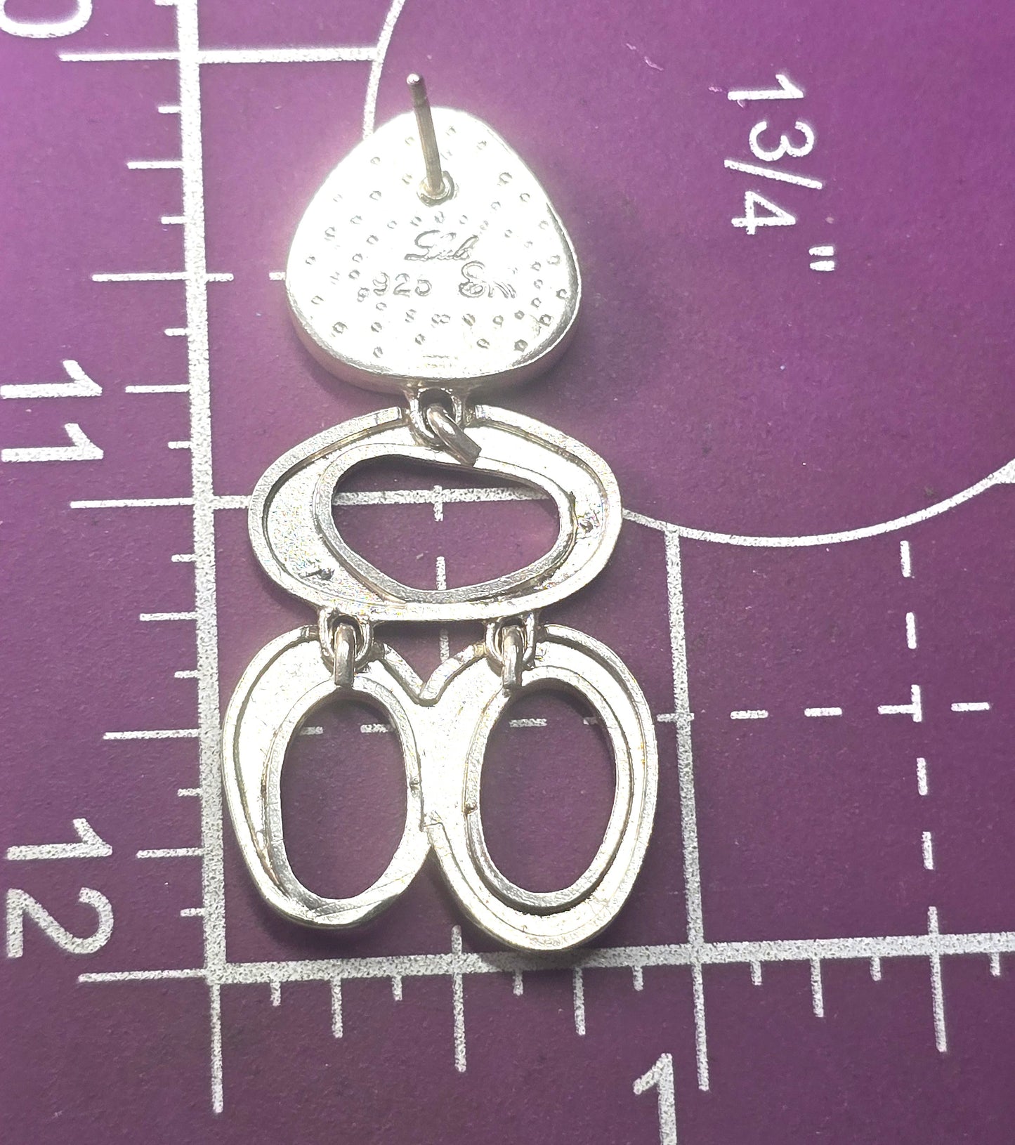 SR Lulu Hamersztein Israel Hammered Sterling Silver Roman Glass drop earrings