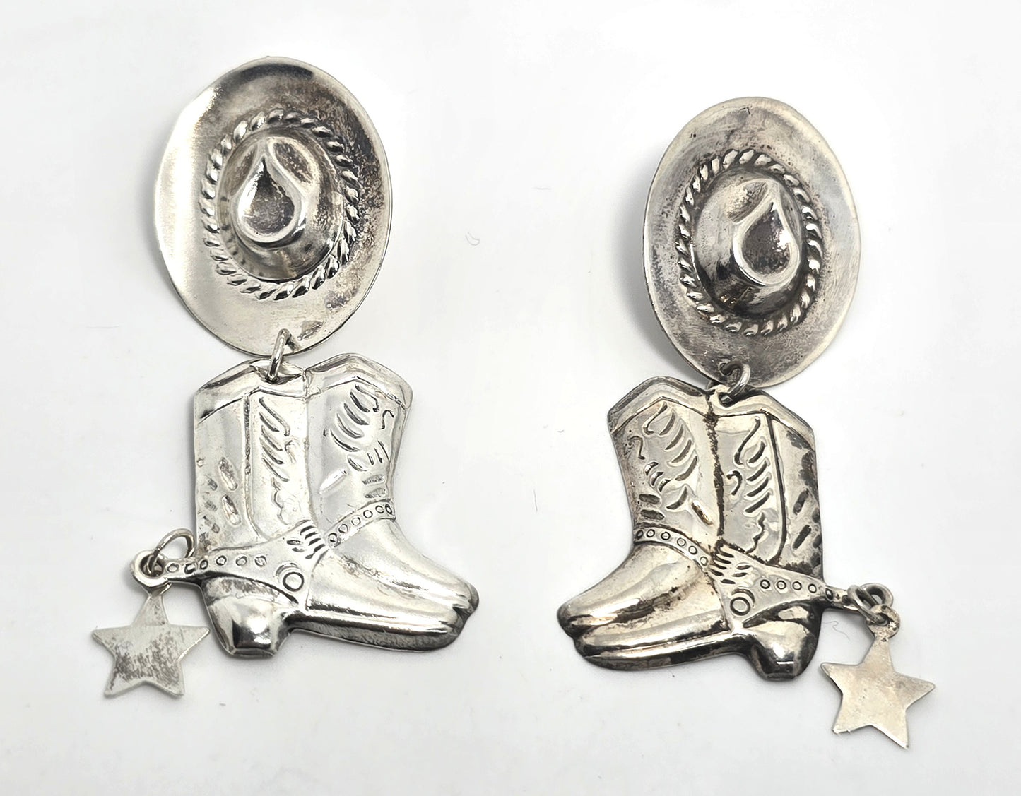 Cowboy hat and boots concho reposse vintage sterling silver post earrings