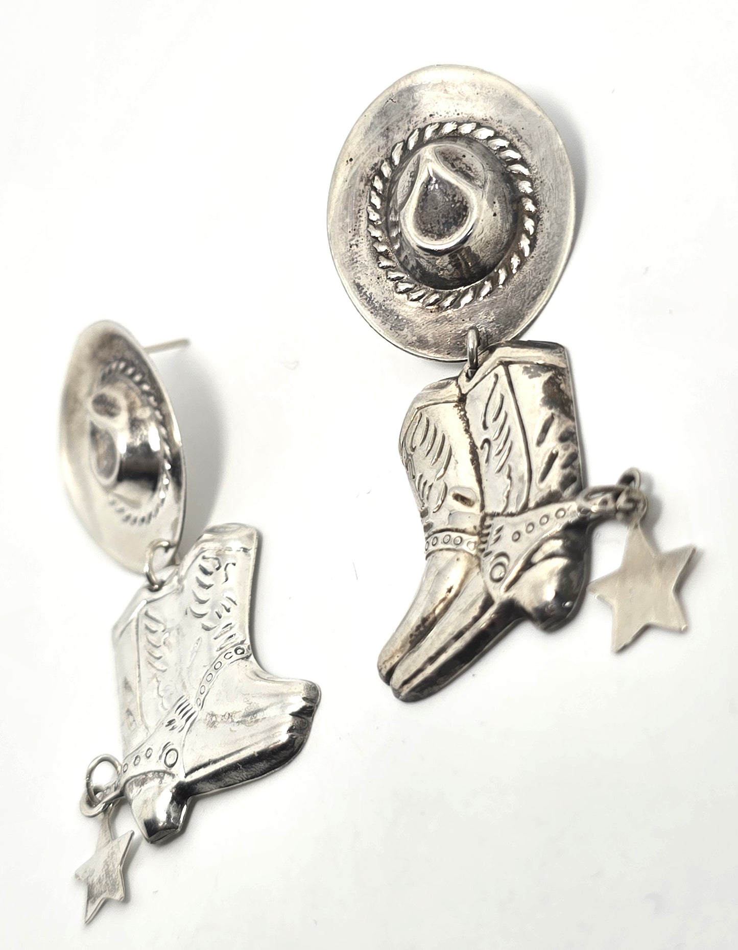 Cowboy hat and boots concho reposse vintage sterling silver post earrings
