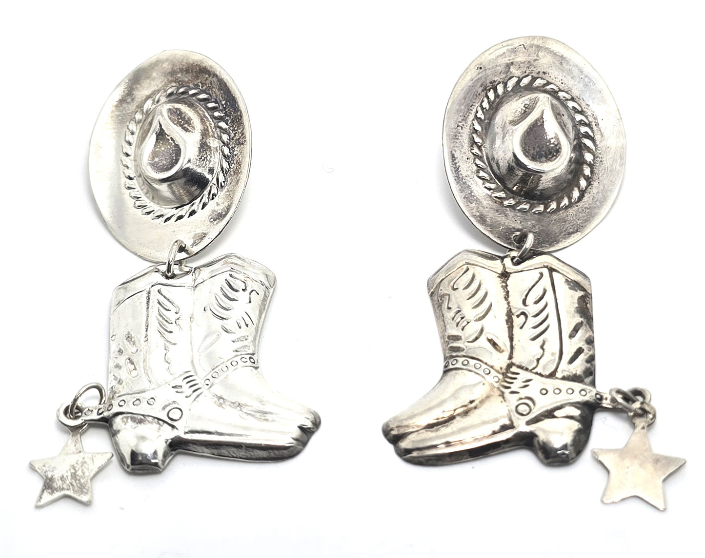 Cowboy hat and boots concho reposse vintage sterling silver post earrings
