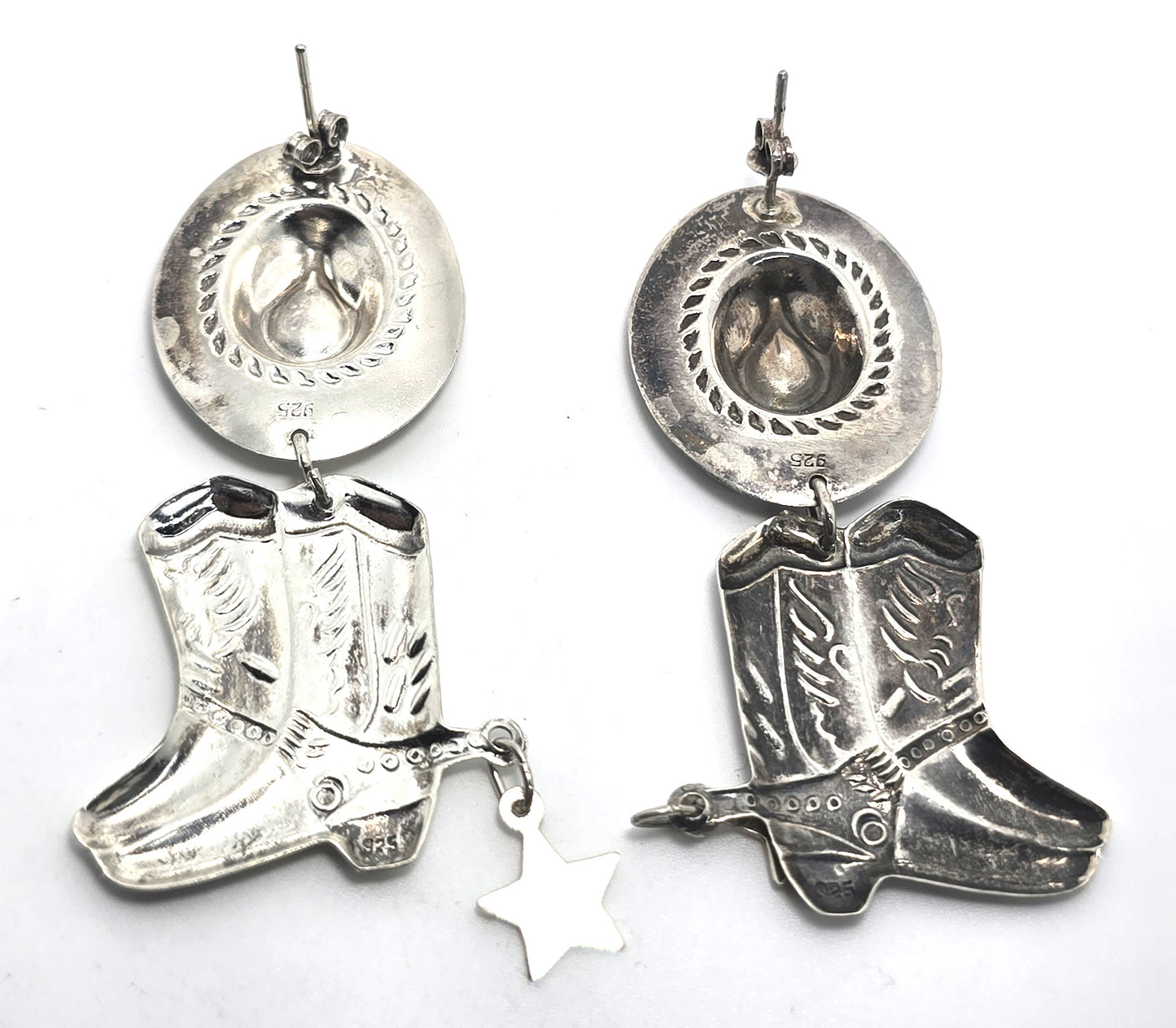 Cowboy hat and boots concho reposse vintage sterling silver post earrings