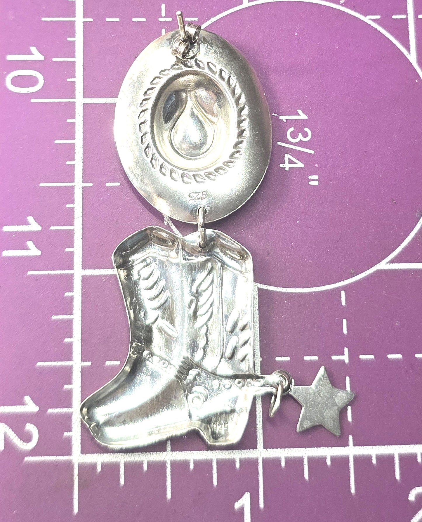 Cowboy hat and boots concho reposse vintage sterling silver post earrings