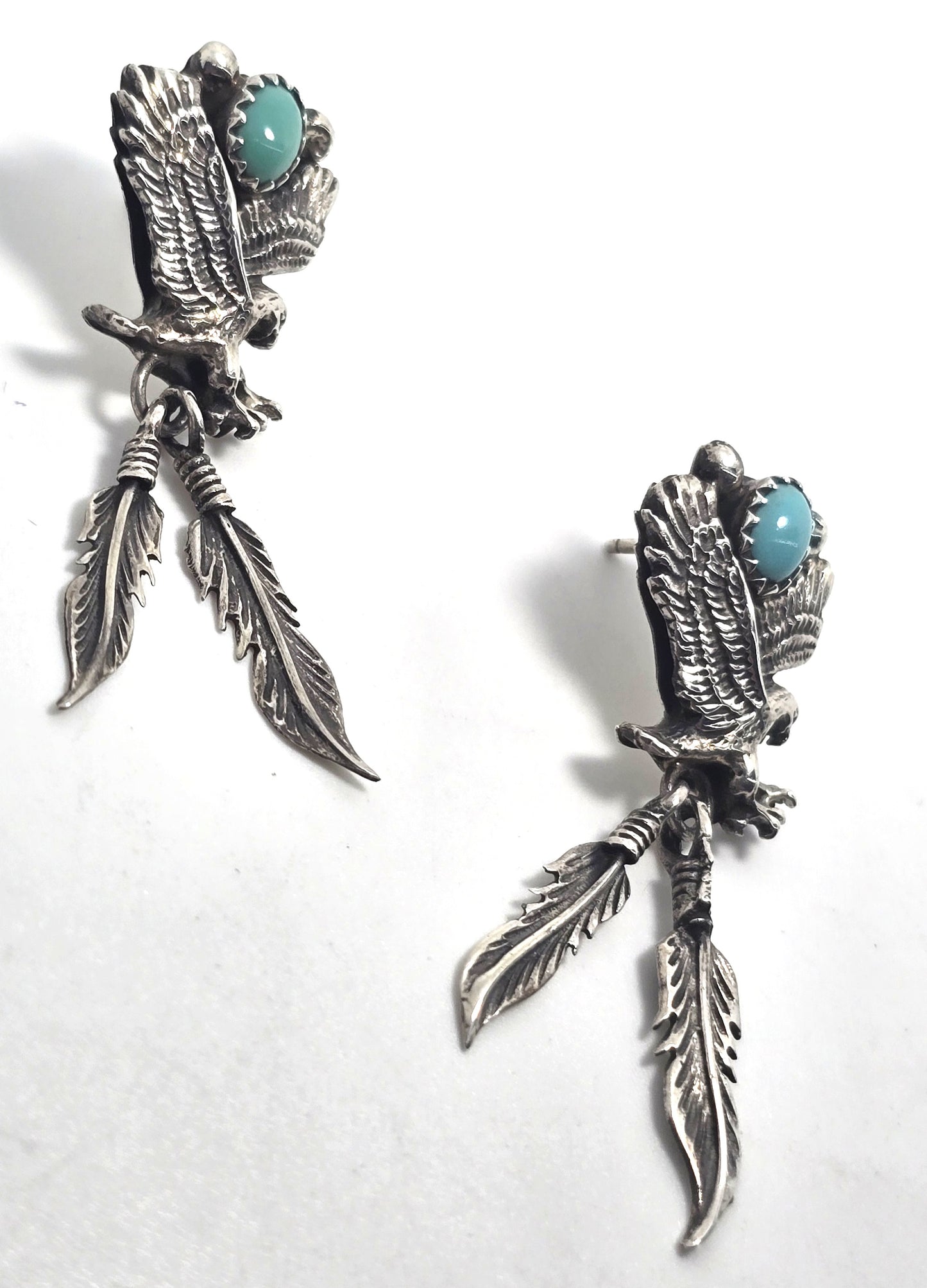 Running Bear Eagle turquoise feather Native American sterling silver vintage earrings
