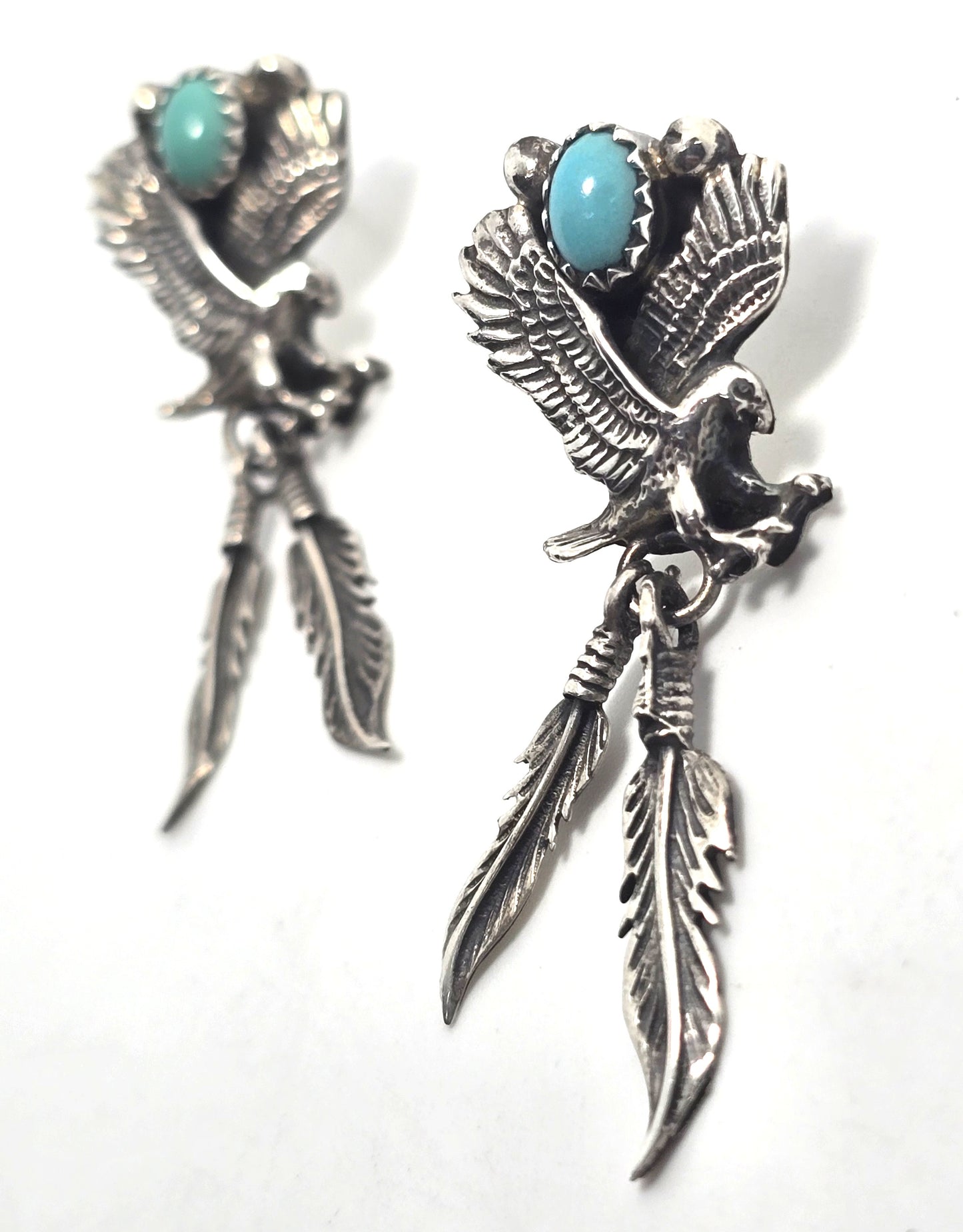 Running Bear Eagle turquoise feather Native American sterling silver vintage earrings