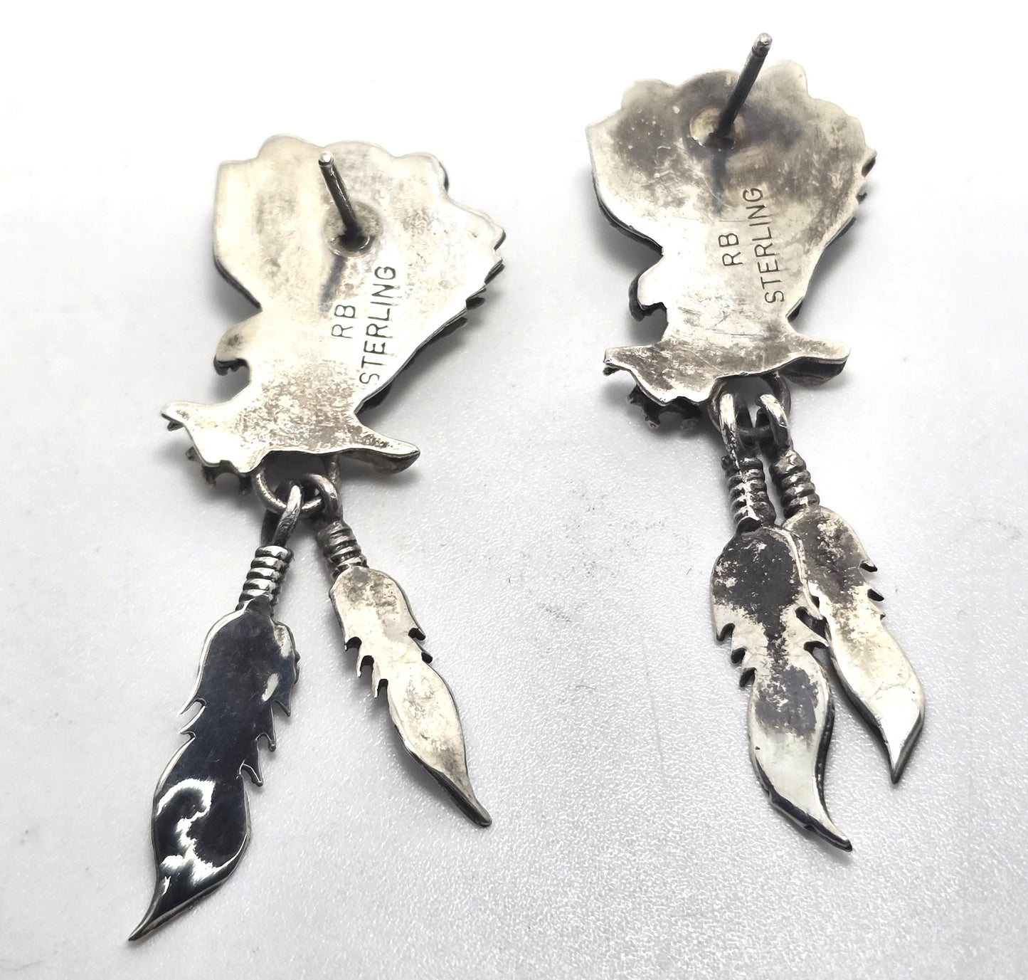 Running Bear Eagle turquoise feather Native American sterling silver vintage earrings