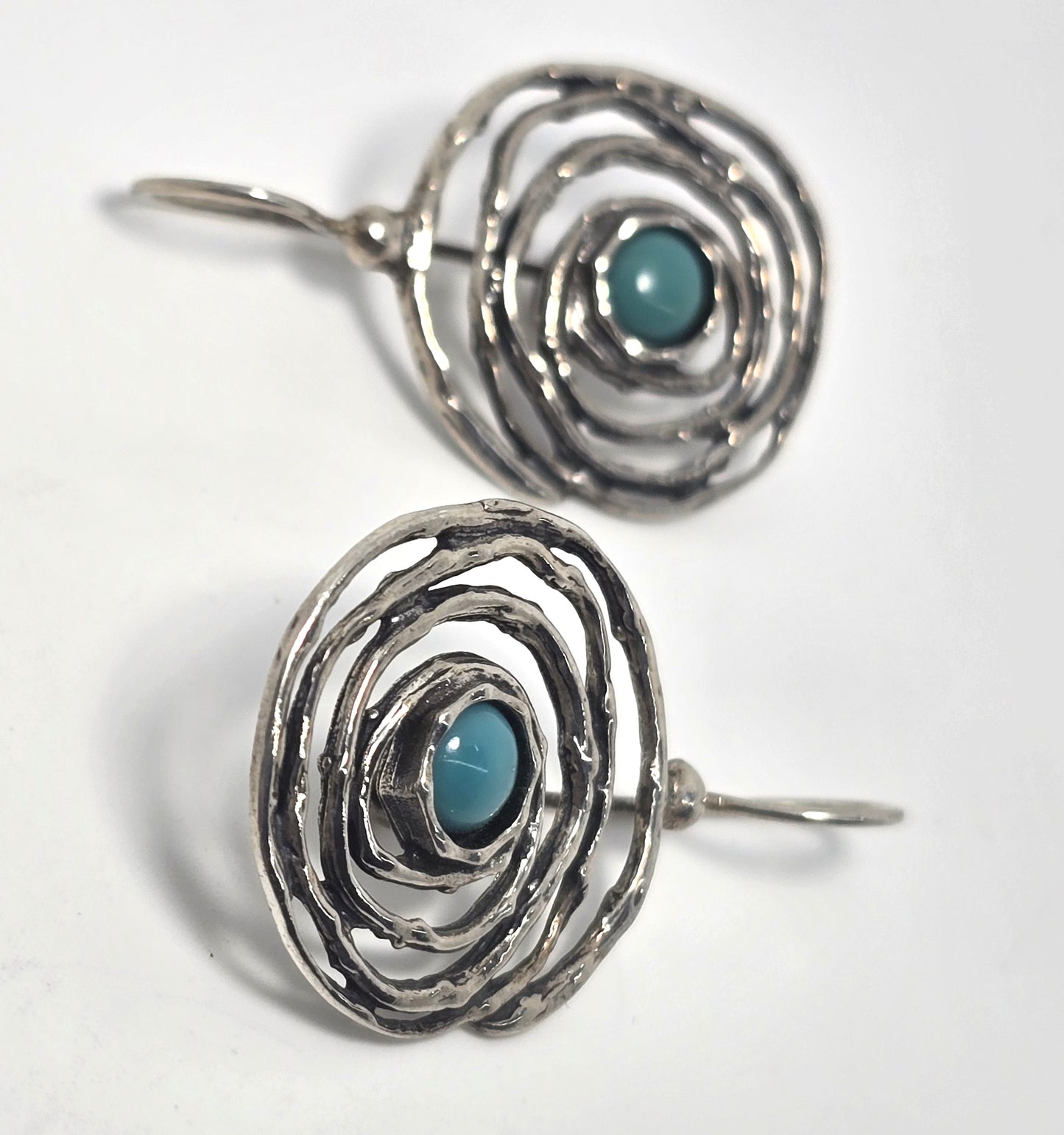 PZ Israel blue stone Hammered Sterling Silver large swirl earrings