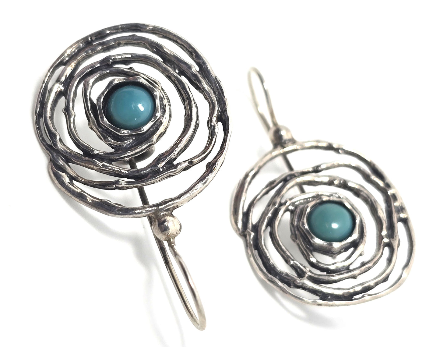 PZ Israel blue stone Hammered Sterling Silver large swirl earrings